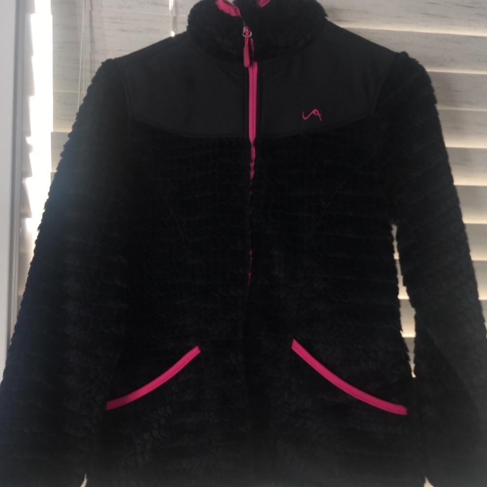 Black Fuzzy Coat with Pink and Silver Accents